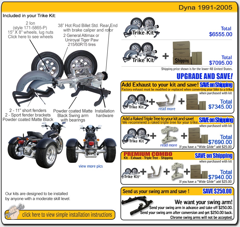 Frankenstein Trike kit for harley davidson Dyna contents and pricing 